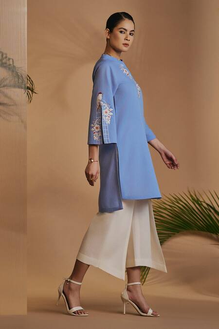 Origani Blue Linen Embroidery Mandarin Collar Asymmetrical Tunic Online at Aza Fashions Origani_Blue Linen Embroidery Mandarin Collar Asymmetrical Tunic _Online_at_Aza_Fashions