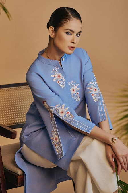 Buy Origani Blue Linen Embroidery Mandarin Collar Asymmetrical Tunic Online at Aza Fashions Buy_Origani_Blue Linen Embroidery Mandarin Collar Asymmetrical Tunic _Online_at_Aza_Fashions