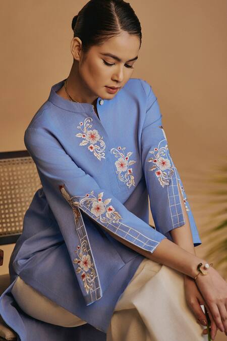 Origani Blue Linen Embroidery Mandarin Collar Asymmetrical Tunic at Aza Fashions Origani_Blue Linen Embroidery Mandarin Collar Asymmetrical Tunic _at_Aza_Fashions