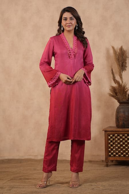 Shop_Masoomm_Fuchsia Silk, Organza Embroidery V-neck Ombre Pink To Red Kurta Set _Online_at_Aza_Fashions