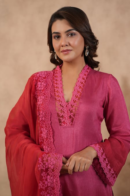 Masoomm_Fuchsia Silk, Organza Embroidery V-neck Ombre Pink To Red Kurta Set _at_Aza_Fashions