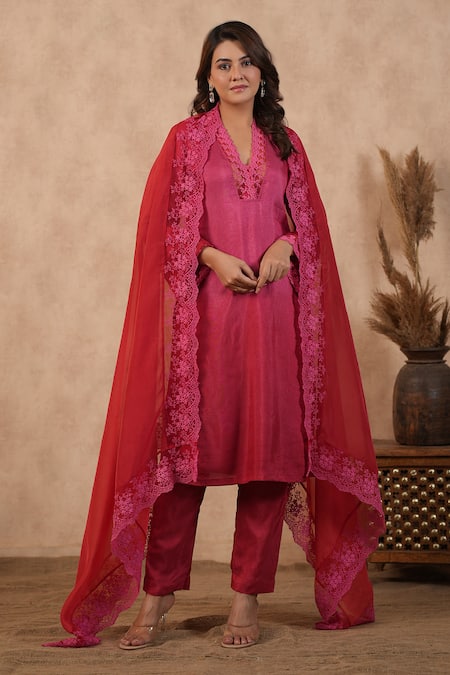 Buy_Masoomm_Fuchsia Silk, Organza Embroidery V-neck Ombre Pink To Red Kurta Set 
