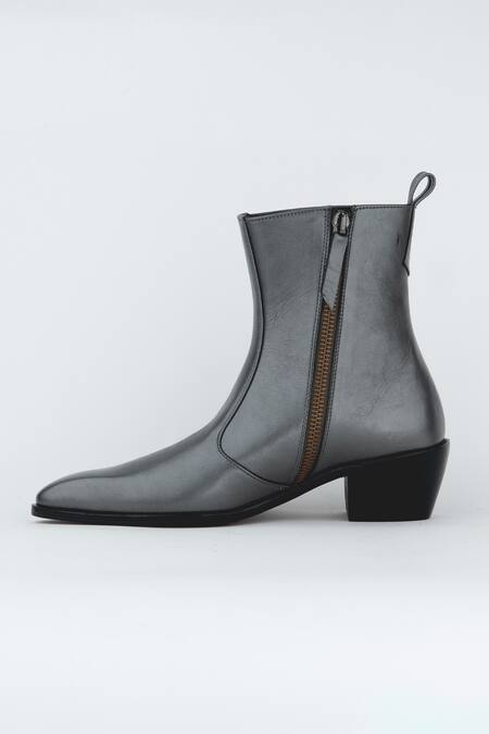 Kavith_Gray Metallic Grey Square Toe Boots _Online_at_Aza_Fashions