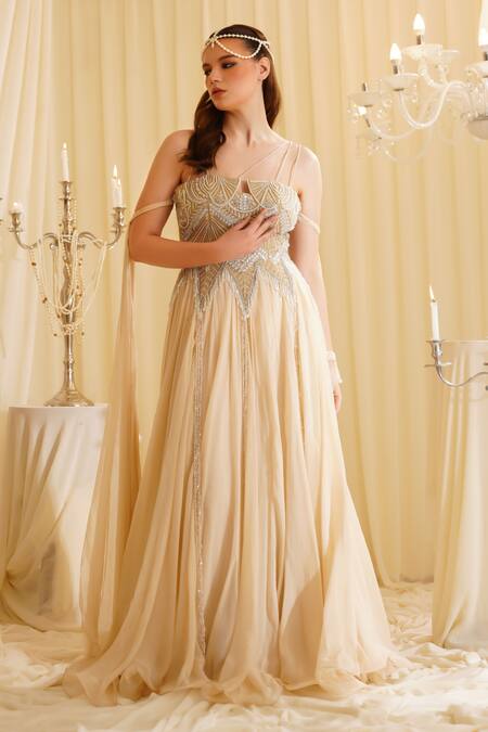 Jade By Ashima_Cream Organza Beads Sweetheart Neck Designer Embellished Gown _Online_at_Aza_Fashions