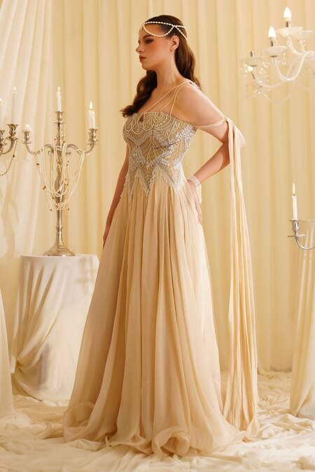 Shop_Jade By Ashima_Cream Organza Beads Sweetheart Neck Designer Embellished Gown _Online_at_Aza_Fashions