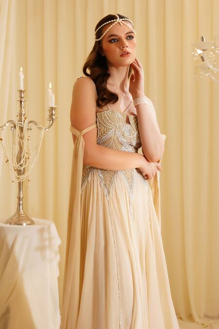 Jade By Ashima_Cream Organza Beads Sweetheart Neck Designer Embellished Gown _at_Aza_Fashions