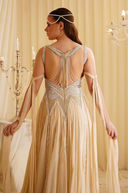 Shop_Jade By Ashima_Cream Organza Beads Sweetheart Neck Designer Embellished Gown _at_Aza_Fashions