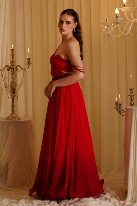 Jade By Ashima_Red Organza Asymmetric Padded Gown _Online_at_Aza_Fashions