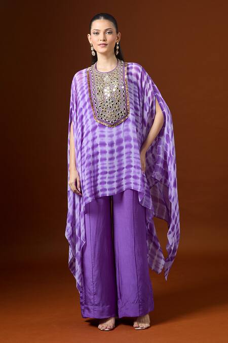 Shop_Yoshita Couture_Purple Embroidery Round Neck Shibori Kaftan Set _Online_at_Aza_Fashions