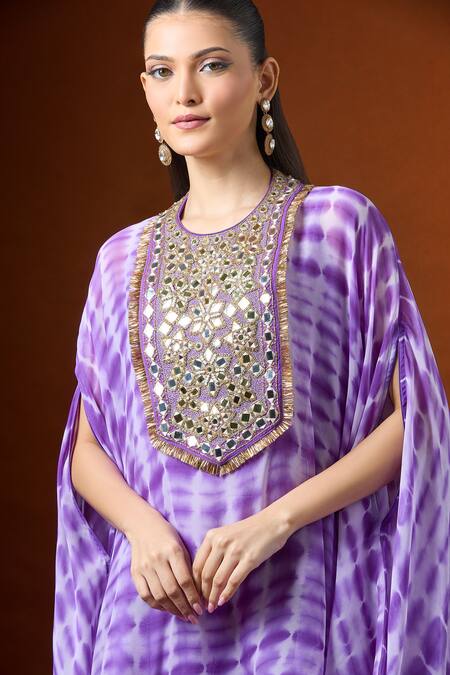 Yoshita Couture_Purple Embroidery Round Neck Shibori Kaftan Set _at_Aza_Fashions