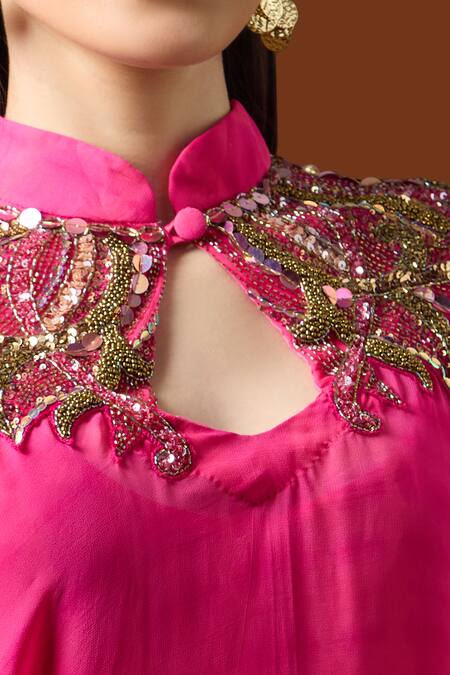 Yoshita Couture_Pink Beads Keyhole Neck Embroidered Yoke Kaftan Set _at_Aza_Fashions