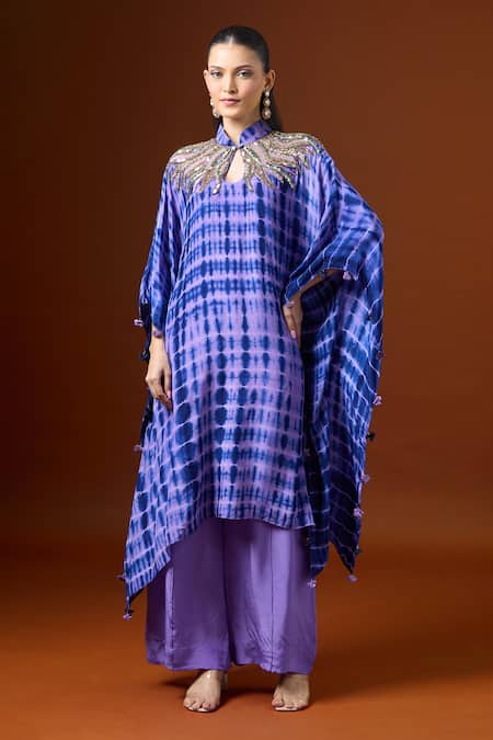 Yoshita Couture_Blue Embroidery Mandarin Collar Shibori Kaftan And Pant Set _Online_at_Aza_Fashions