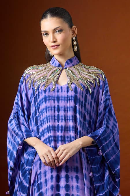 Shop_Yoshita Couture_Blue Embroidery Mandarin Collar Shibori Kaftan And Pant Set _Online_at_Aza_Fashions