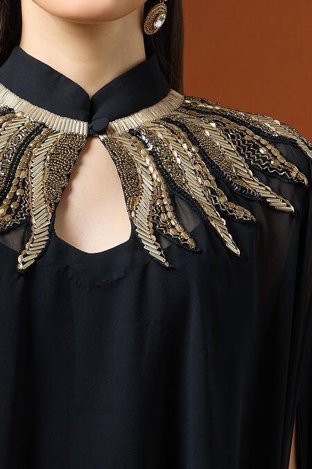Yoshita Couture_Black Embroidery Keyhole Neck Asymmetric Kaftan Set _Online_at_Aza_Fashions