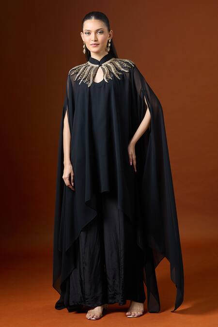 Shop_Yoshita Couture_Black Embroidery Keyhole Neck Asymmetric Kaftan Set _Online_at_Aza_Fashions