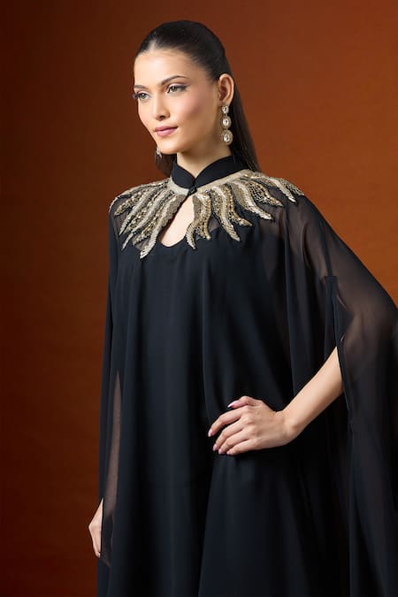 Buy_Yoshita Couture_Black Embroidery Keyhole Neck Asymmetric Kaftan Set 