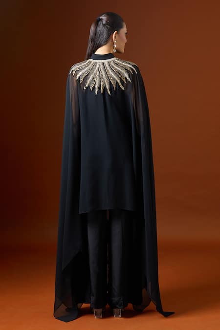 Shop_Yoshita Couture_Black Embroidery Keyhole Neck Asymmetric Kaftan Set _at_Aza_Fashions