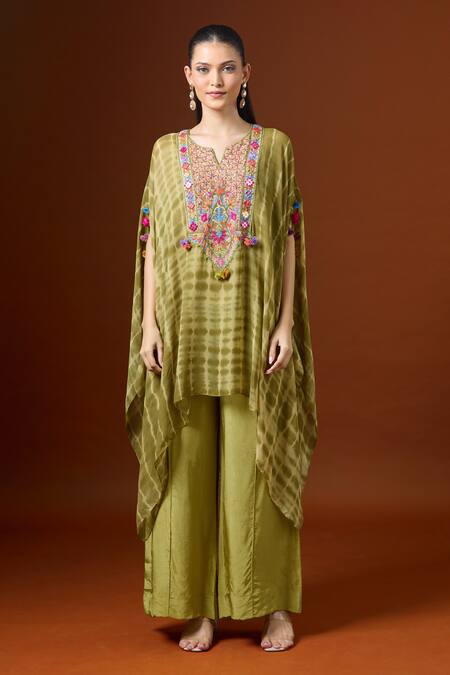 Shop_Yoshita Couture_Green Pom-poms V-neck Shibori Pattern Kaftan Set _Online_at_Aza_Fashions