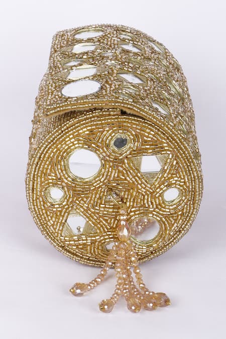 Fuchsia by aashaka mehta_Gold Beads, Mirrors Velvet Designer Clutch _Online_at_Aza_Fashions