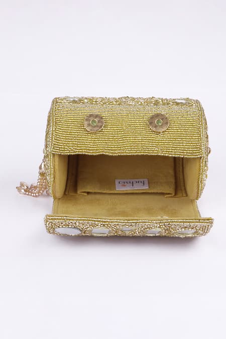 Buy_Fuchsia by aashaka mehta_Gold Beads, Mirrors Velvet Designer Clutch _Online_at_Aza_Fashions
