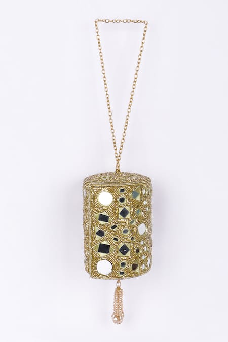 Shop_Fuchsia by aashaka mehta_Gold Beads, Mirrors Velvet Designer Clutch _Online_at_Aza_Fashions