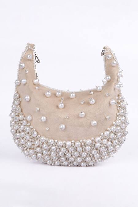 Fuchsia by aashaka mehta_White Pearls, Crystals Embellished Velvet Handbag _Online_at_Aza_Fashions