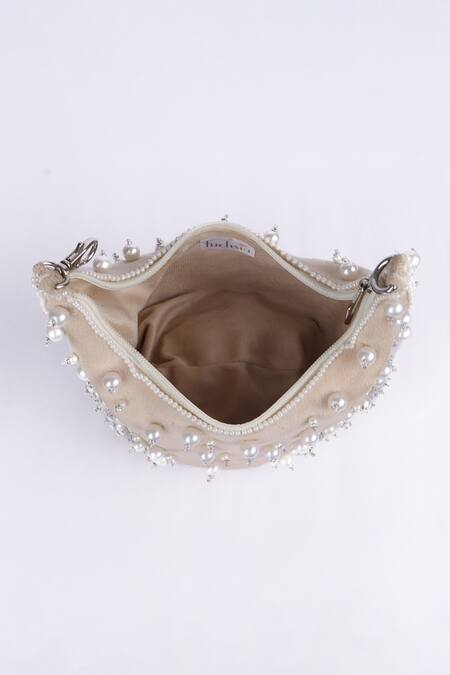 Buy_Fuchsia by aashaka mehta_White Pearls, Crystals Embellished Velvet Handbag _Online_at_Aza_Fashions