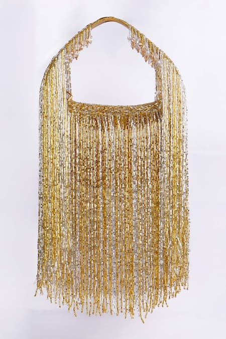 Fuchsia by aashaka mehta Fringe Beaded Gold Handbag 