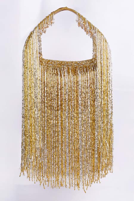 Fuchsia by aashaka mehta_Gold Fringe, Beads Handbag _Online_at_Aza_Fashions