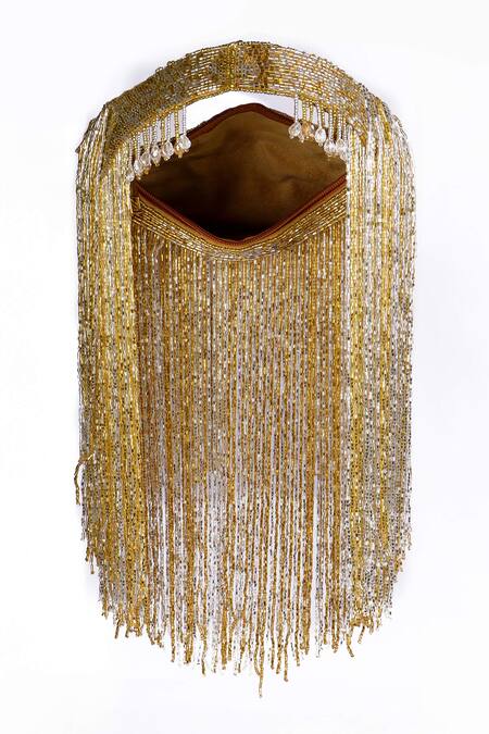 Buy_Fuchsia by aashaka mehta_Gold Fringe, Beads Handbag _Online_at_Aza_Fashions