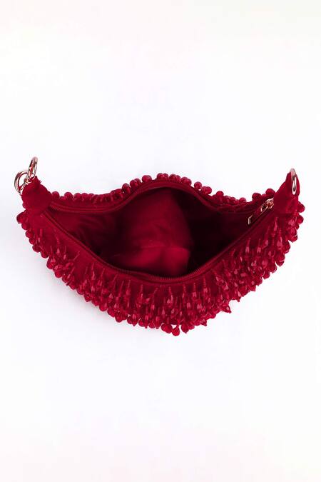 Fuchsia by aashaka mehta_Red Beads, Sequins Designer Velvet Handbag With Detachable Handle _Online_at_Aza_Fashions