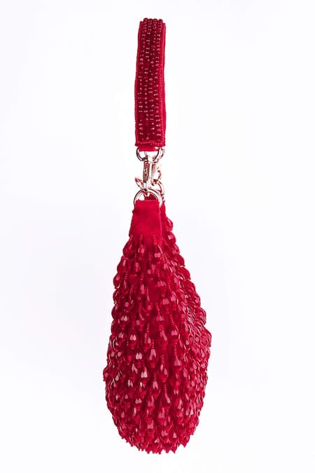 Buy_Fuchsia by aashaka mehta_Red Beads, Sequins Designer Velvet Handbag With Detachable Handle _Online_at_Aza_Fashions