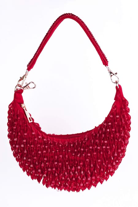 Shop_Fuchsia by aashaka mehta_Red Beads, Sequins Designer Velvet Handbag With Detachable Handle _Online_at_Aza_Fashions