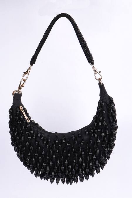 Fuchsia by aashaka mehta_Black Beads Designer Velvet Handbag _Online_at_Aza_Fashions