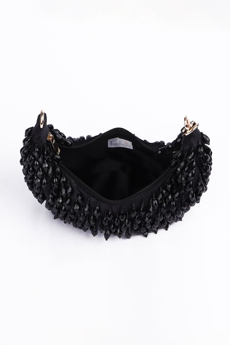 Shop_Fuchsia by aashaka mehta_Black Beads Designer Velvet Handbag _Online_at_Aza_Fashions