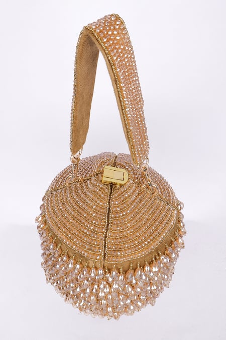 Fuchsia by aashaka mehta_Gold Beads, Crystals Designer Velvet Handbag With Detachable Handle _Online_at_Aza_Fashions