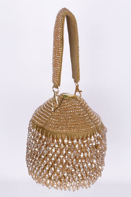 Buy_Fuchsia by aashaka mehta_Gold Beads, Crystals Designer Velvet Handbag With Detachable Handle _Online_at_Aza_Fashions
