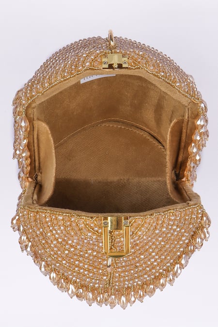 Shop_Fuchsia by aashaka mehta_Gold Beads, Crystals Designer Velvet Handbag With Detachable Handle _Online_at_Aza_Fashions