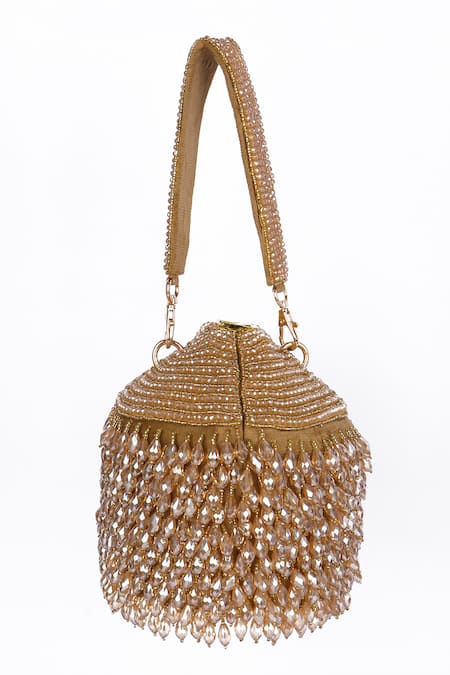 Fuchsia by aashaka mehta Designer Gold Velvet Handbag with Detachable Handle 