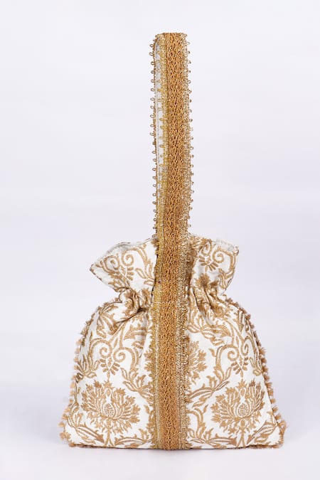 Shop_Fuchsia_Ivory Embroidery, Tassels Designer Potli Bag _at_Aza_Fashions
