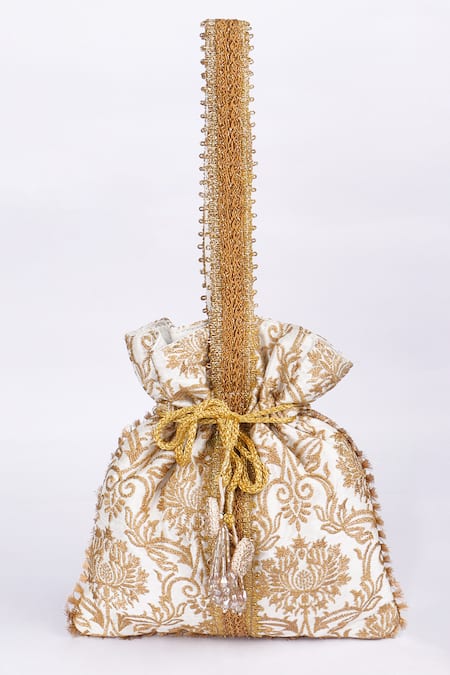 Shop_Fuchsia_Ivory Embroidery, Tassels Designer Potli Bag _Online_at_Aza_Fashions