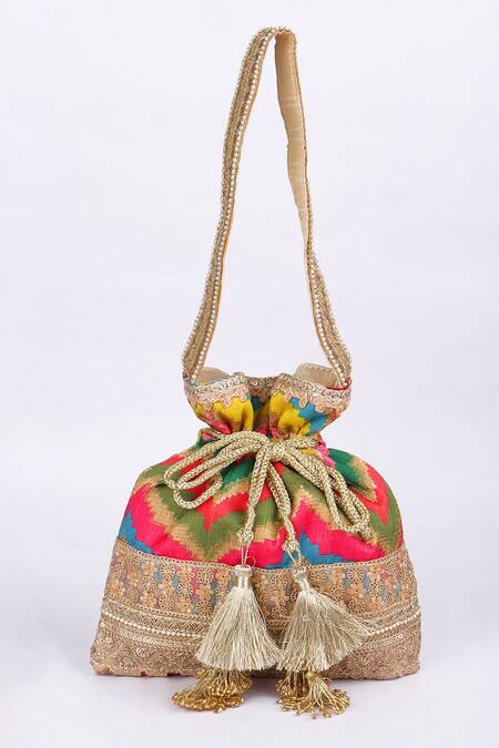Shop_Fuchsia_Multi Color Embroidery, Tassels Designer Potli Bag _at_Aza_Fashions