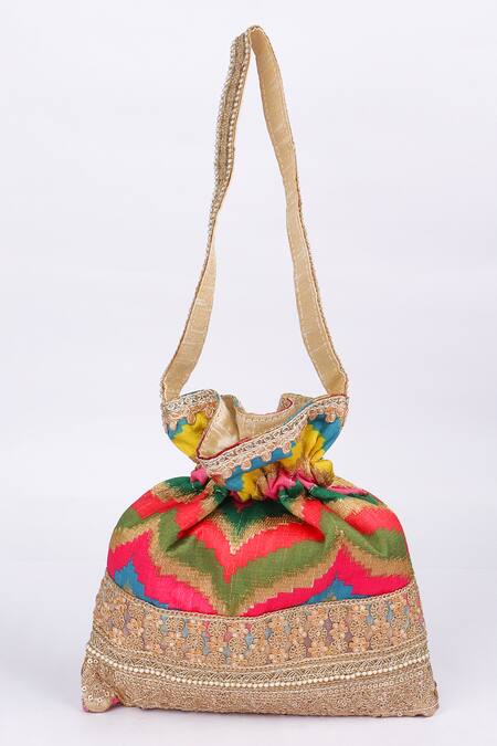 Shop_Fuchsia_Multi Color Embroidery, Tassels Designer Potli Bag _Online_at_Aza_Fashions