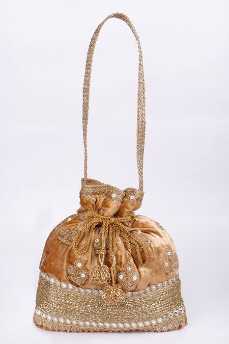 Shop_Fuchsia_Gold Embroidery, Sequins Velvet Potli Bag _at_Aza_Fashions