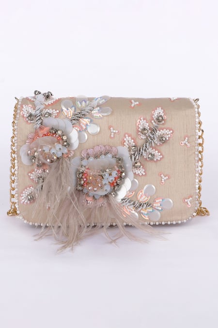 Fuchsia_Gold Sequins, Feathers Embellished Silk Clutch _Online_at_Aza_Fashions