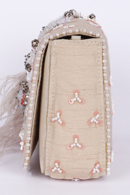 Shop_Fuchsia_Gold Sequins, Feathers Embellished Silk Clutch _Online_at_Aza_Fashions
