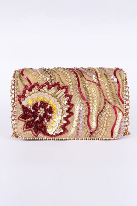 Shop_Fuchsia_Gold Embroidery, Sequins Designer Beaded Silk Clutch _Online_at_Aza_Fashions