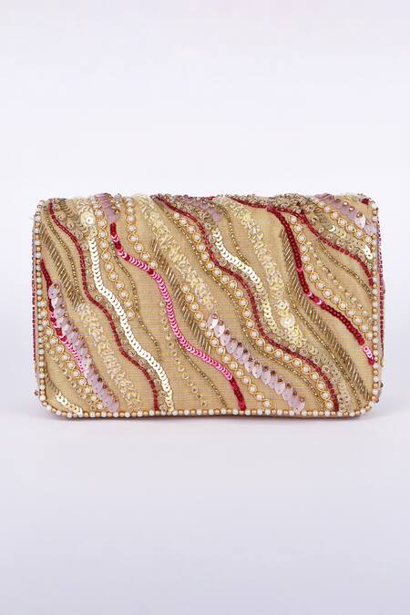 Shop_Fuchsia_Gold Embroidery, Sequins Designer Beaded Silk Clutch _at_Aza_Fashions