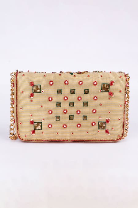 Shop_Fuchsia_Gold Embroidery, Beads Silk Designer Clutch _at_Aza_Fashions