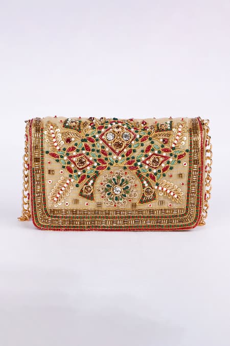Buy_Fuchsia_Gold Embroidery, Beads Silk Designer Clutch _Online_at_Aza_Fashions